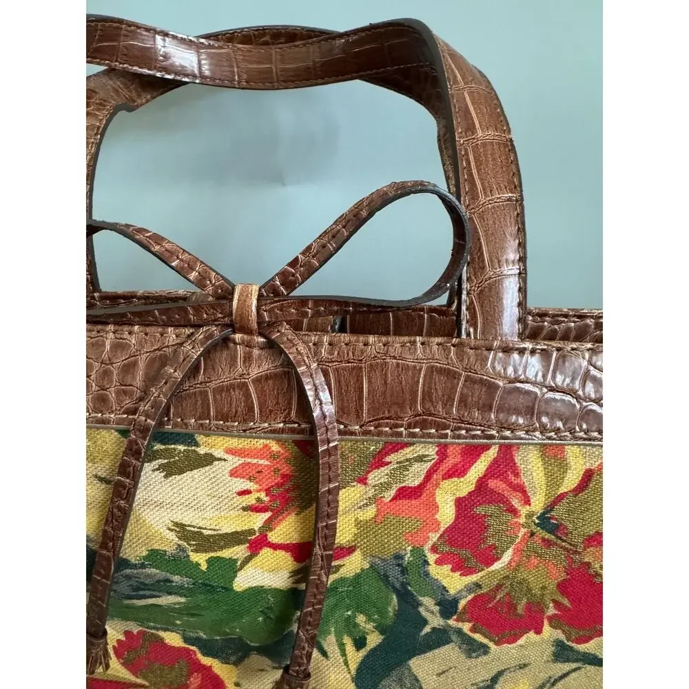 Vintage Liz Claiborne Floral Fabric Handbag Faux Leather Trim Botanical Print - Picture 3 of 15
